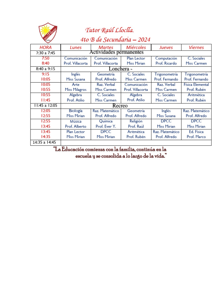 Horario de Clases 4to B Secundaria 2024 | PDF | Artes del Lenguaje y ...