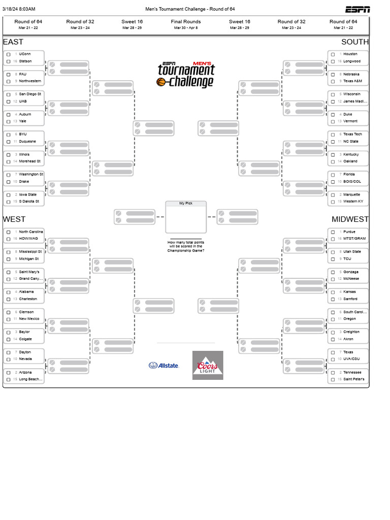 ESPN Men's Tournament Challenge Brackets Download Free PDF