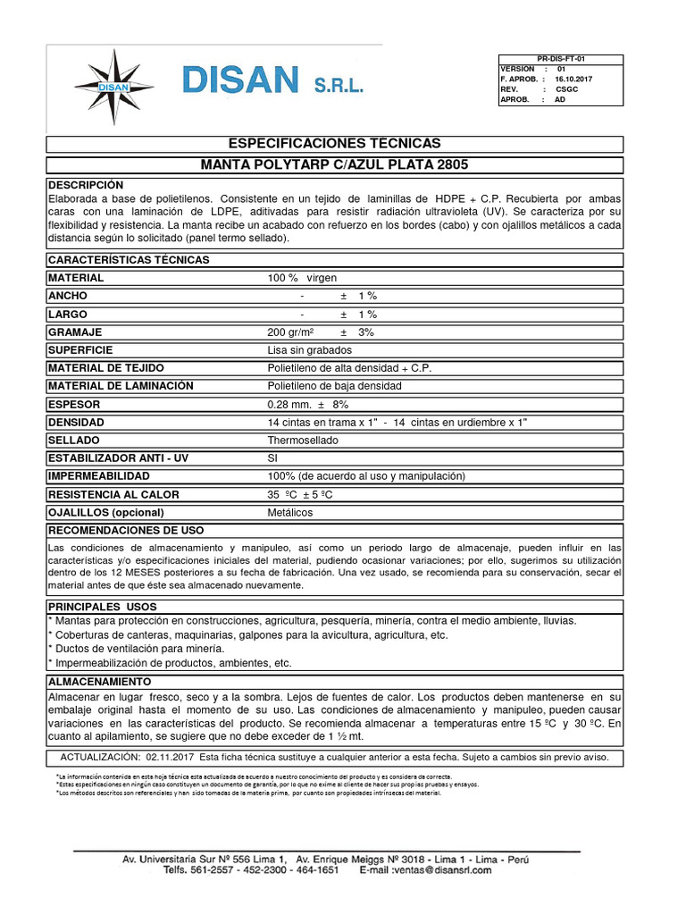 FT Polytarp Mantas Azul Plata 2805 | PDF | Materiales