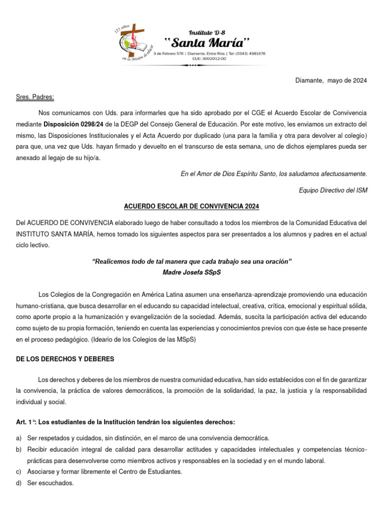 Acuerdo Escolar de Convivencia 2024 | PDF | Evaluación | Escuelas