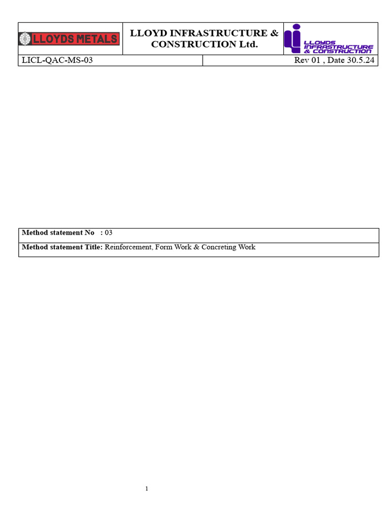 Reinforcement & Concreting Method Statement | PDF | Concrete | Quality ...