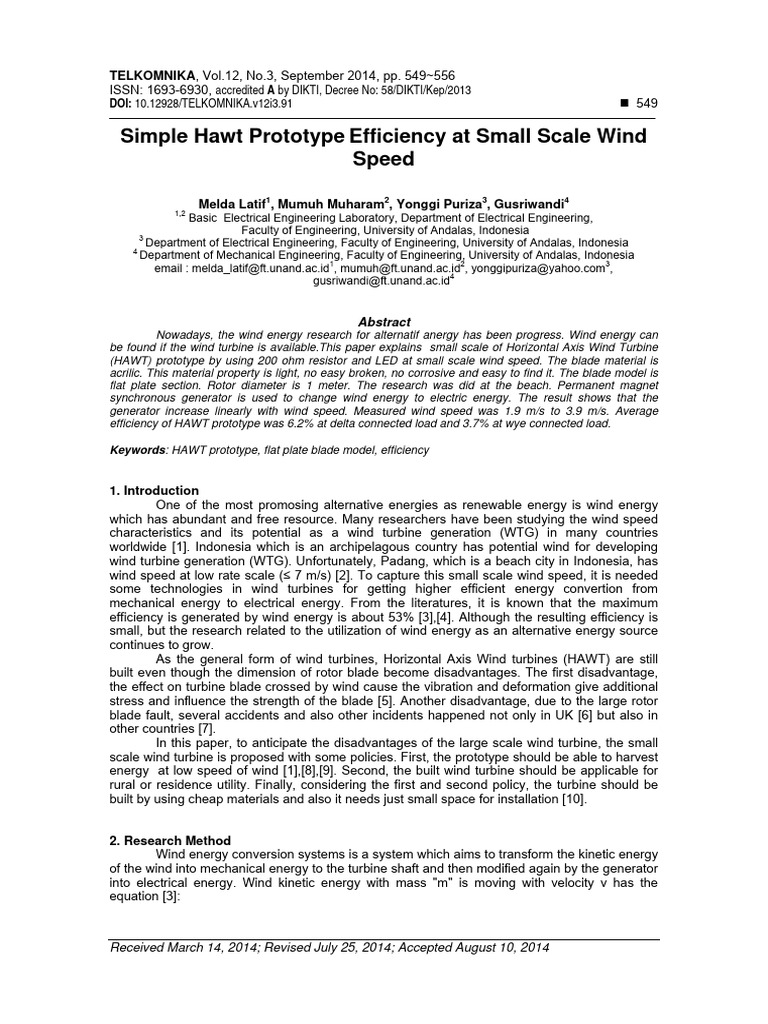 Simple HAWT Prototype Efficiency at Smal | PDF | Wind Turbine | Turbine