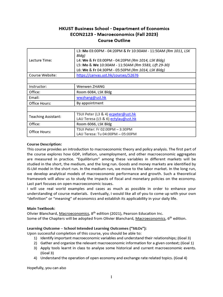 Course Outline - ECON 2123 - Fall 2023 | PDF | Macroeconomics | Economies