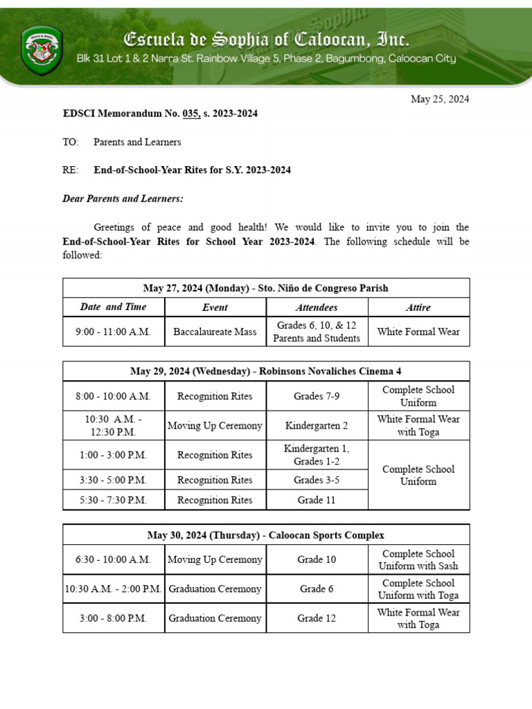 End-of-Year Rites Schedule 2024 | PDF