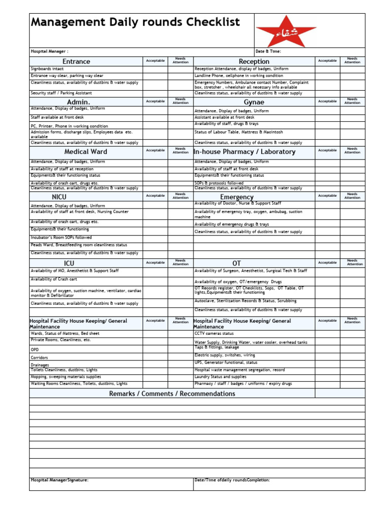 Daily Hospital Management Checklist | PDF | Health Care | Medicine