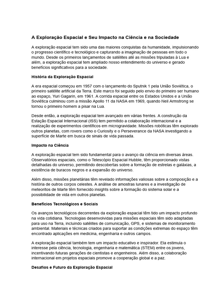 Impactos da Exploração Espacial | PDF | Exploração espacial | Nasa
