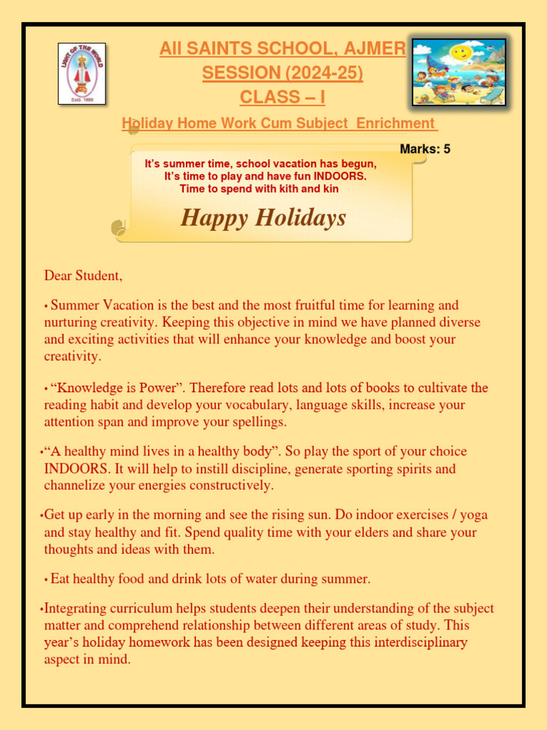 Class I Holiday H W 2024 25 1 1 Pdf Worksheet