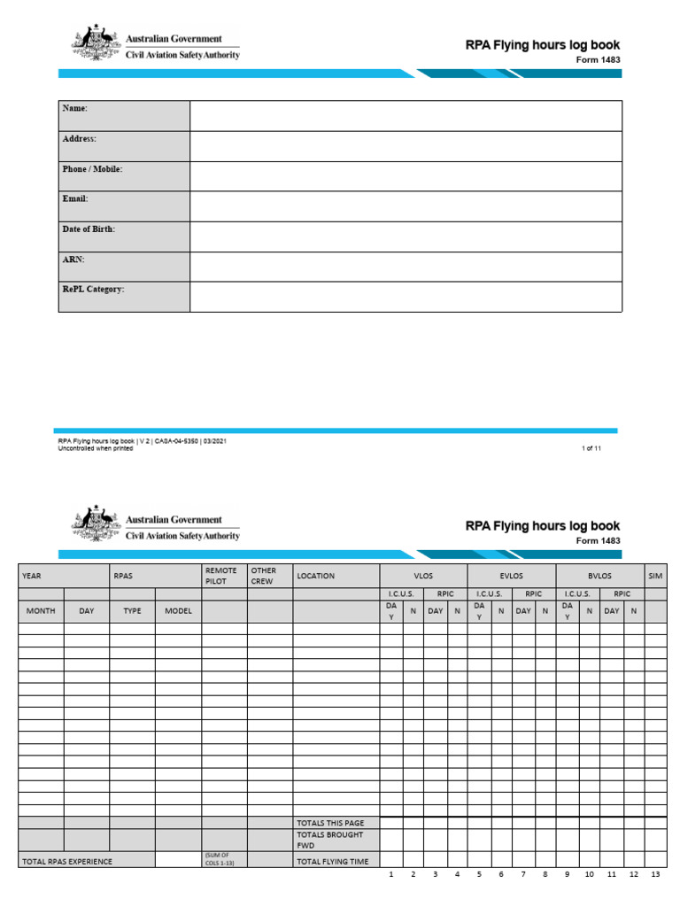 RPA Flying Hours Log Book Form 1483 | PDF | Unmanned Aerial Vehicle ...