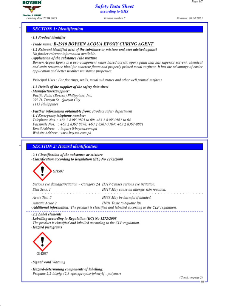 Boysen acqua epoxy curing agent b 2910 pdf dangerous goods toxicity