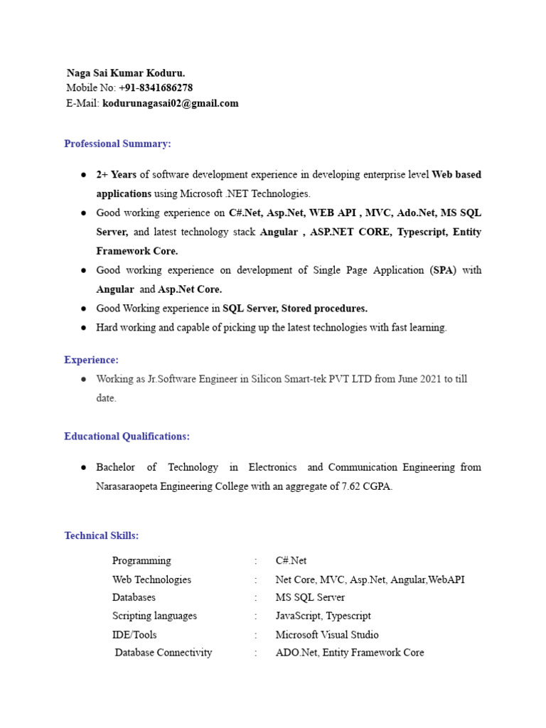 Resume Naga Sai Kumar Koduru | PDF | Microsoft Sql Server | Entity ...