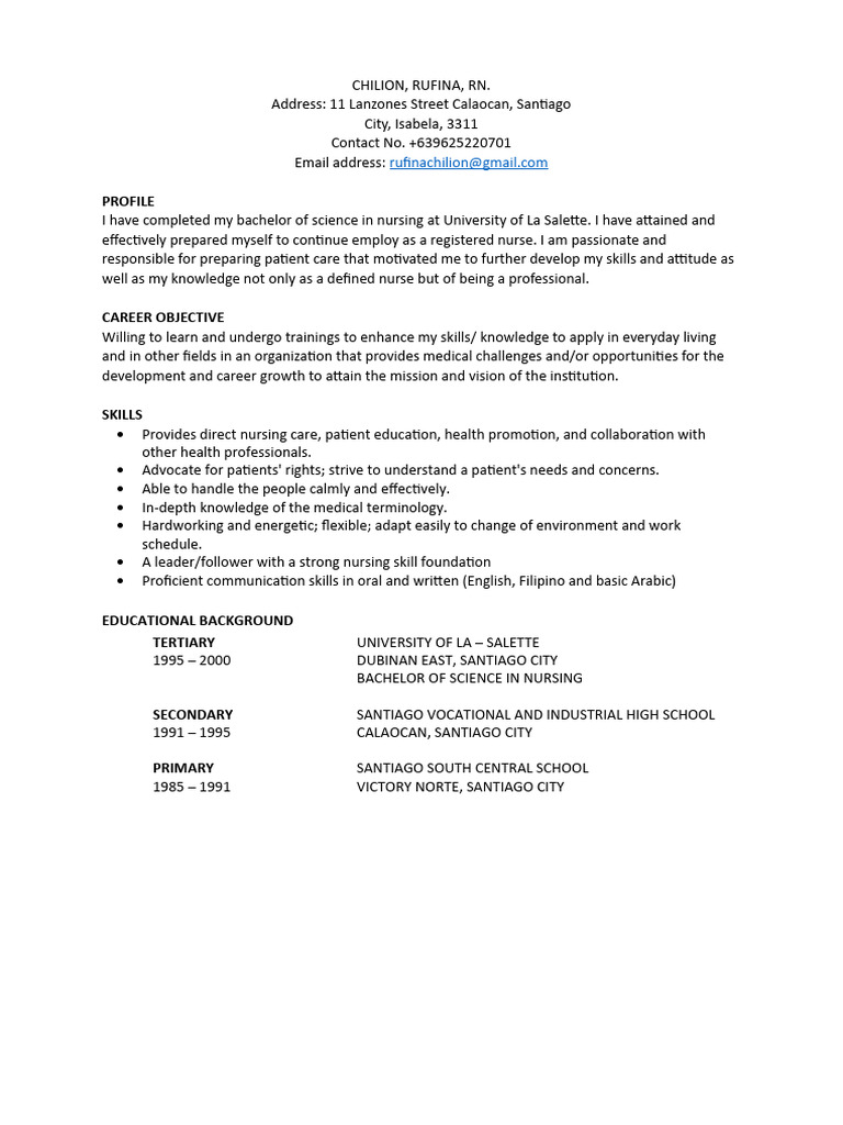 RN Resume of Rufina Chilion | PDF | Nursing | Hospital