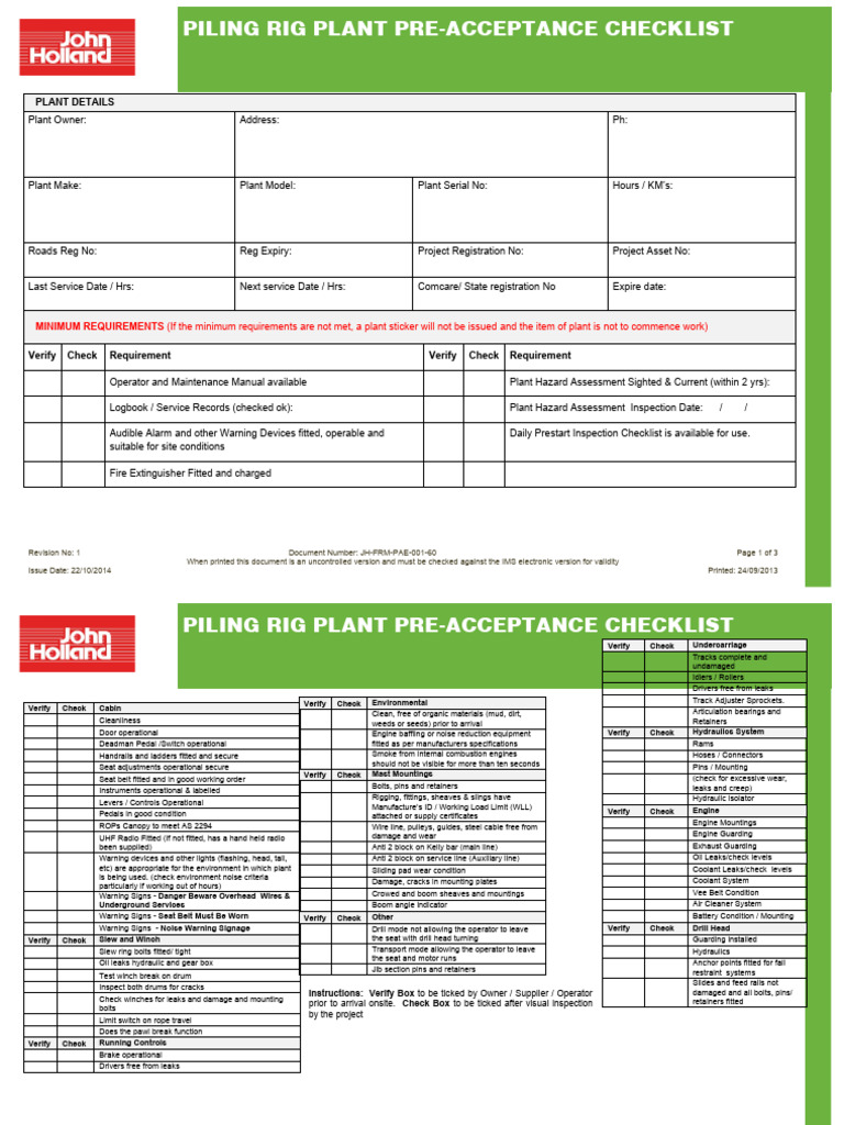 Piling Rig Plant Pre-Acceptance Checklist | PDF | Drill | Belt (Mechanical)