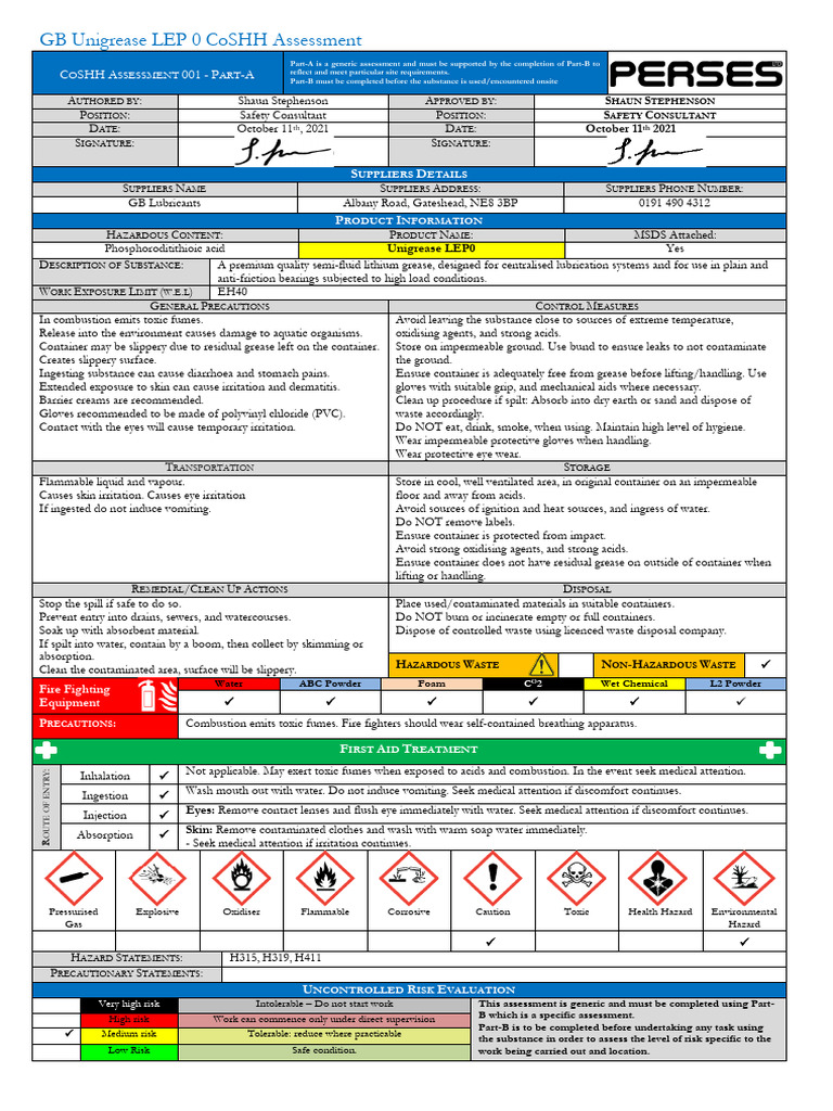 GB Unigrease LEP 0 COSHH Assessment | PDF | Waste | Risk