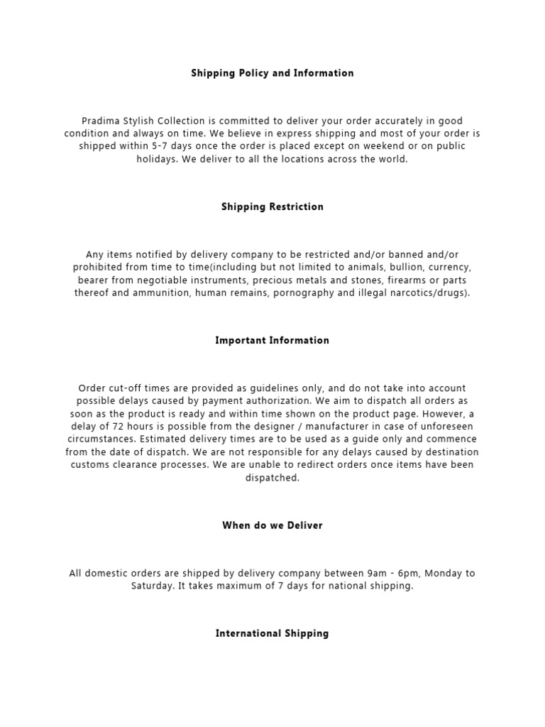 Shipping Policy and Information | PDF | Law