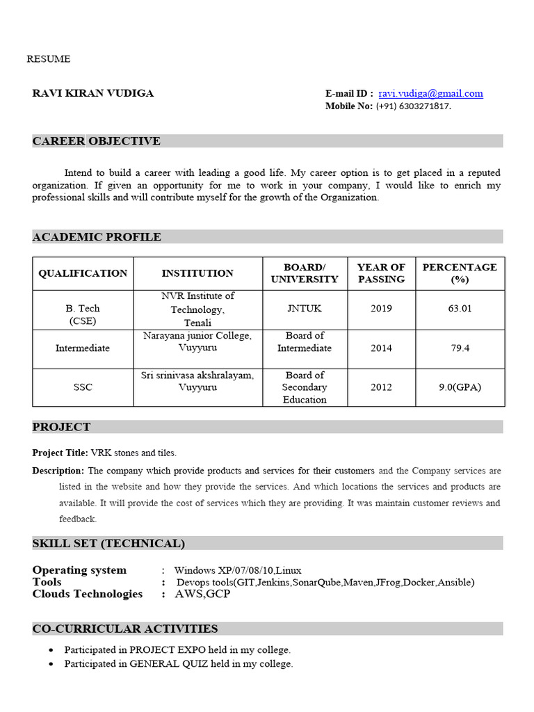Resume of Ravi Kiran Vudiga | PDF | Software | Computing