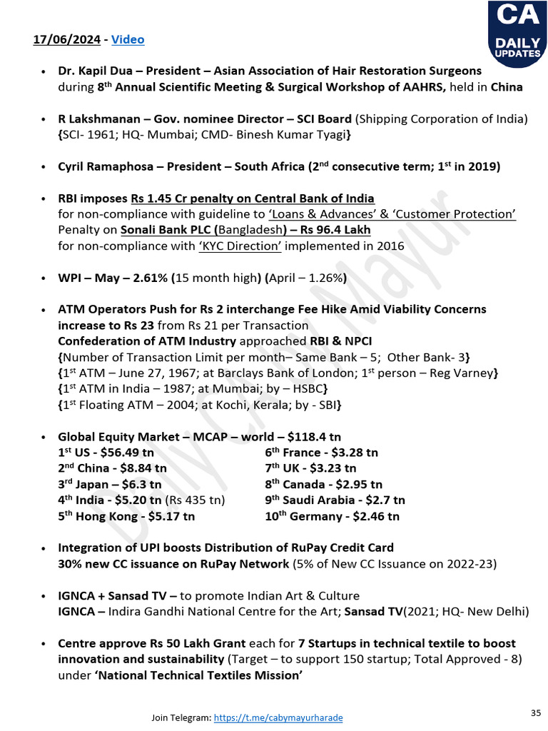 17 June Daily CA Short Notes | PDF | Banking | Financial Services