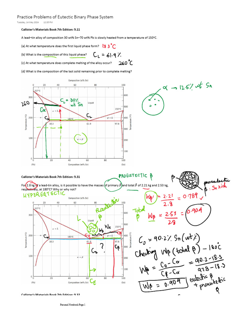Eutectic Phase Diagram Problems | PDF | Teaching Methods & Materials ...