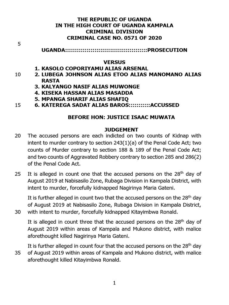 Uganda High Court: Kidnapping and Murder Case | PDF | Aiding And ...