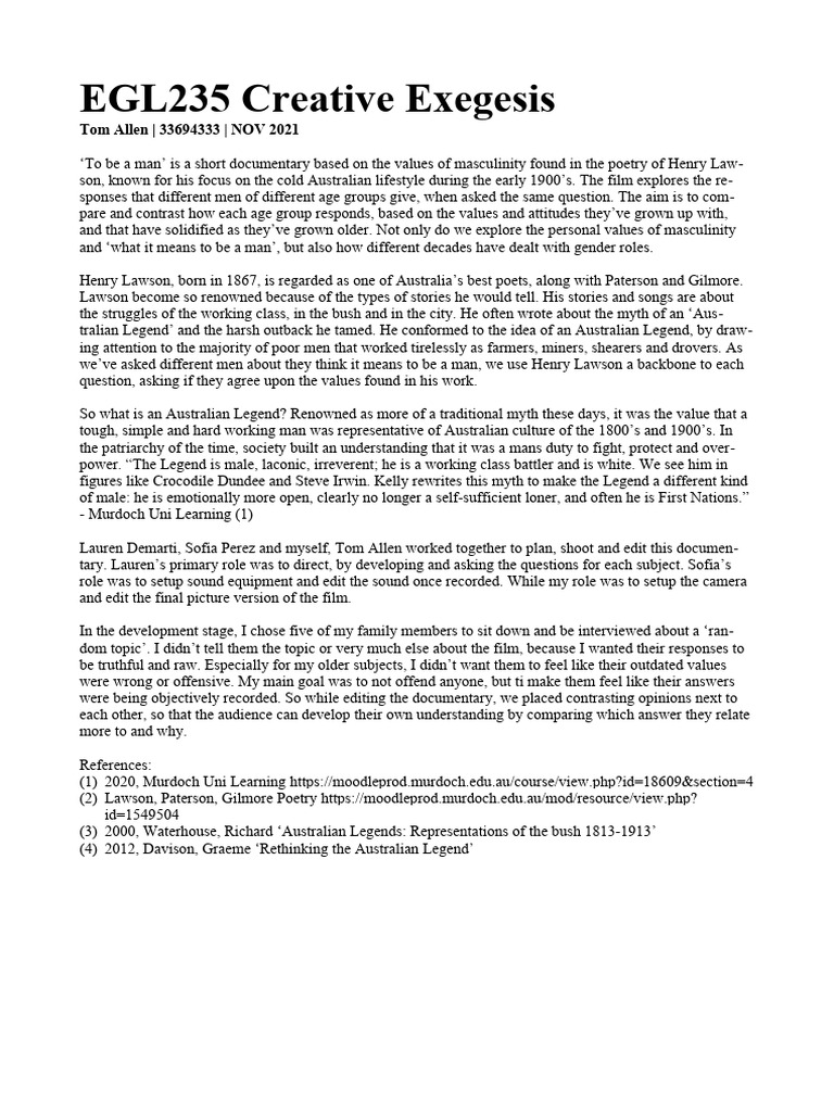 Tom Allen 33694333 EGL235 Creative Exegesis | PDF | General Fiction