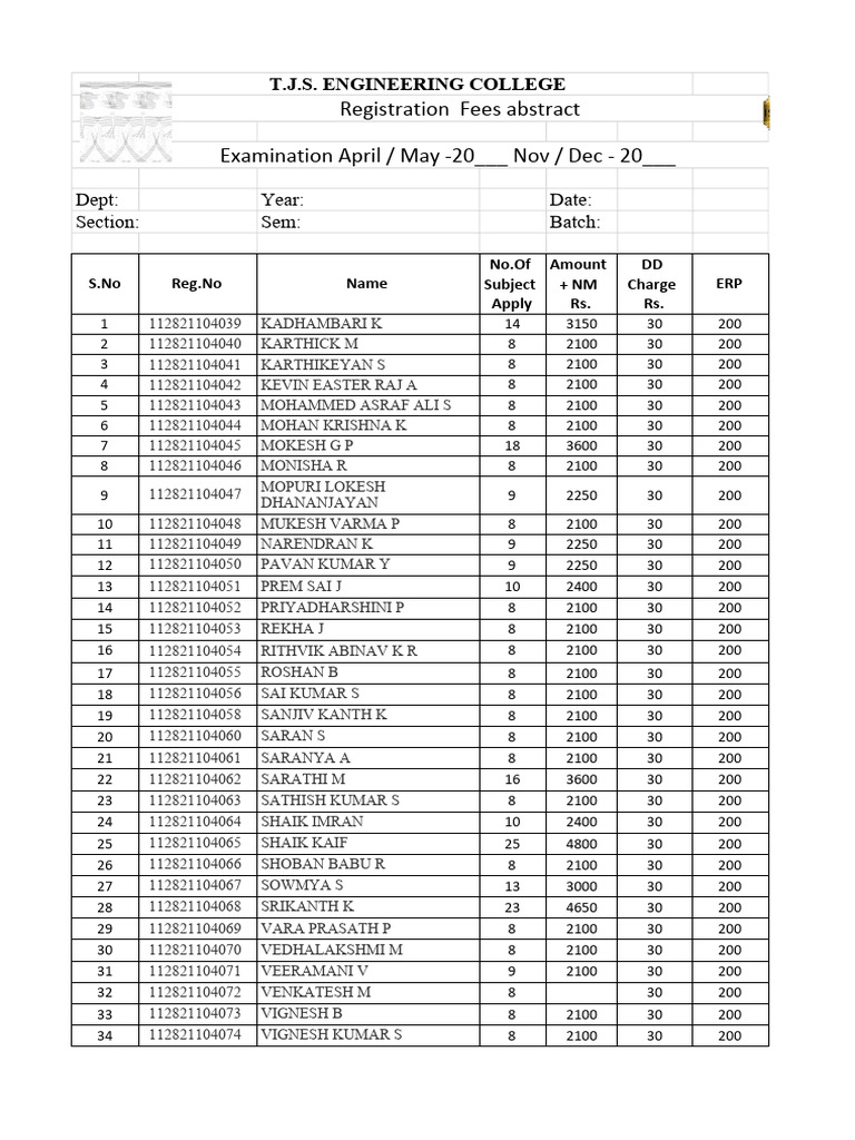 Registration fees abstract examination april may 20 nov dec