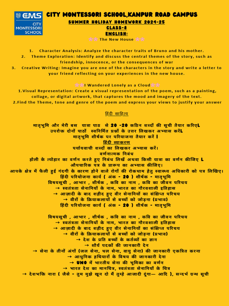 Summer Holiday Homework - Class 8 | PDF