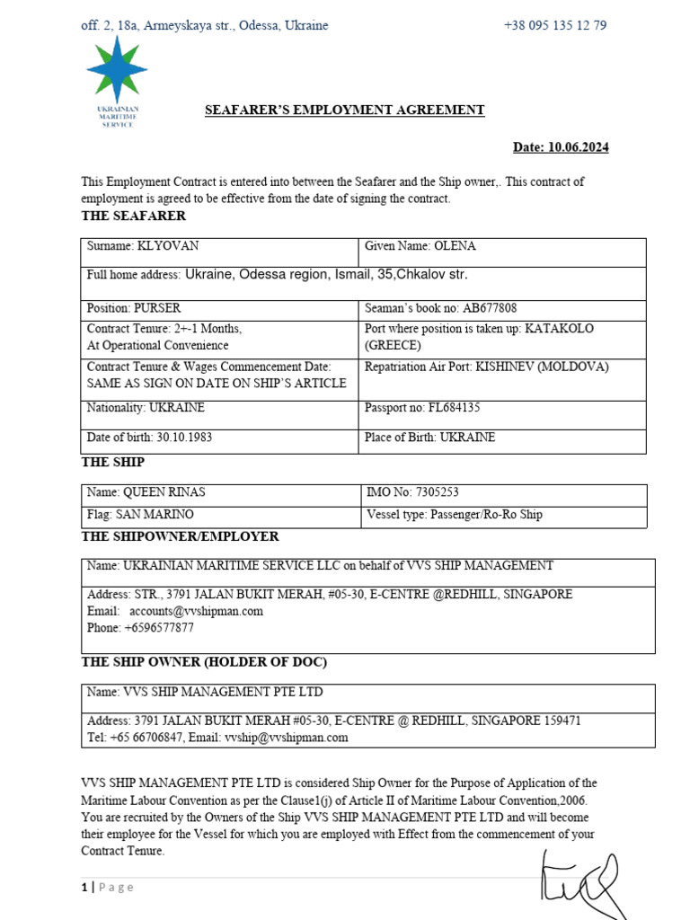 Seafarer's Employment Agreement for Purser | PDF | Employment | Wage