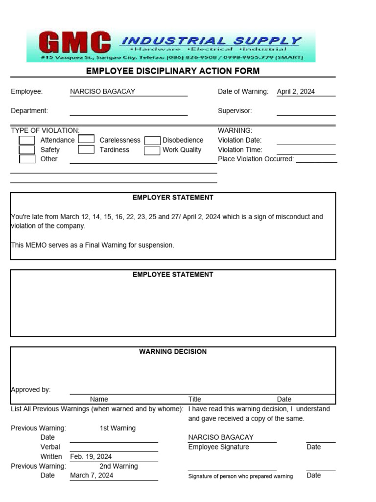 TARDINESS MEMO Download Free PDF Labor Relations Misconduct