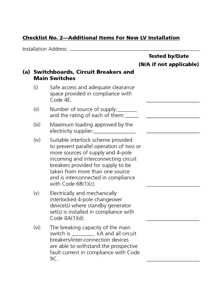 Checklist2 Additional Items For New LV Installation | PDF | Electrical ...