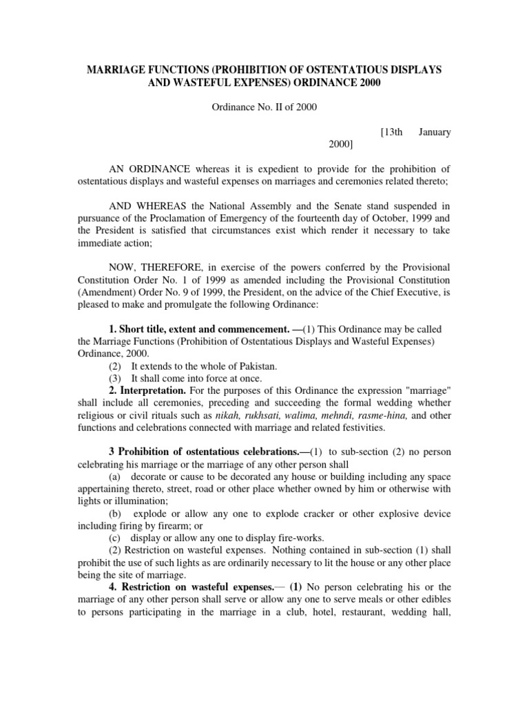 MARRIAGE FUNCTIONS (Prohibition of Ostentatious Displays and Wasteful ...