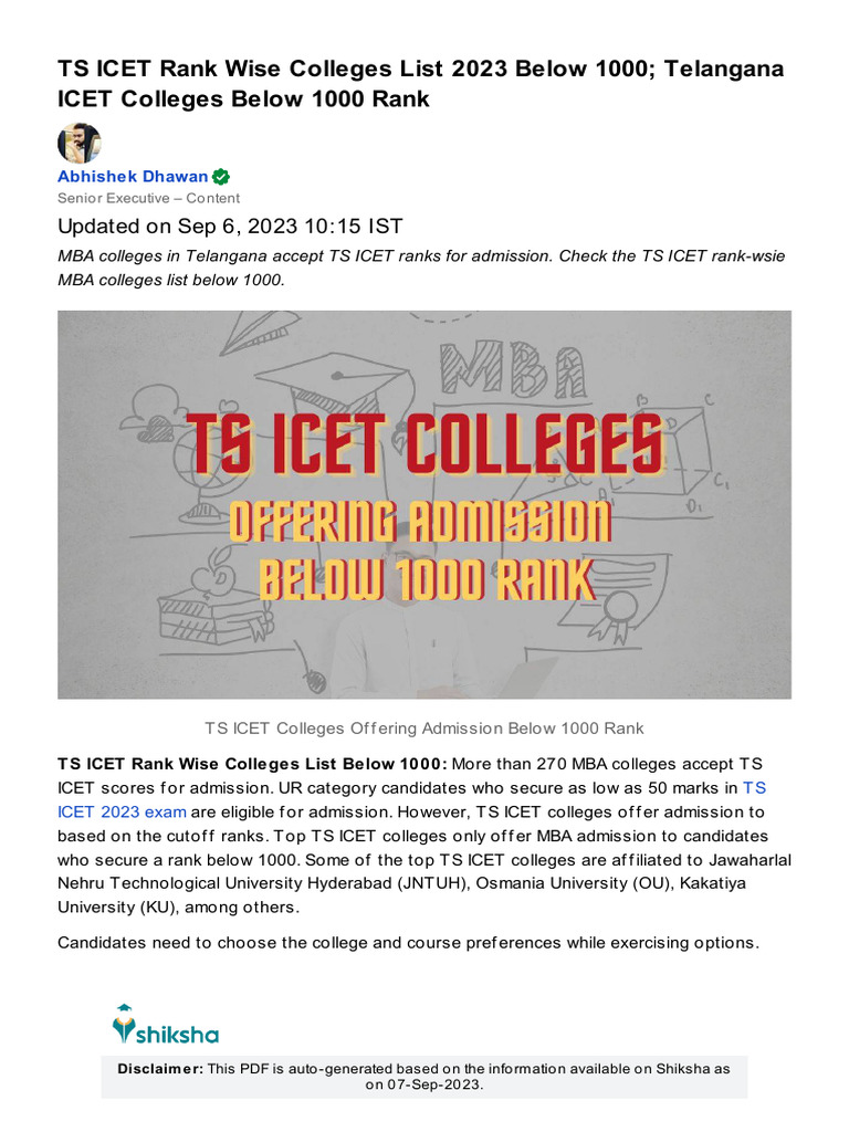 TS ICET 2023: Colleges Under Rank 1000 | PDF | Business | Academic Degree
