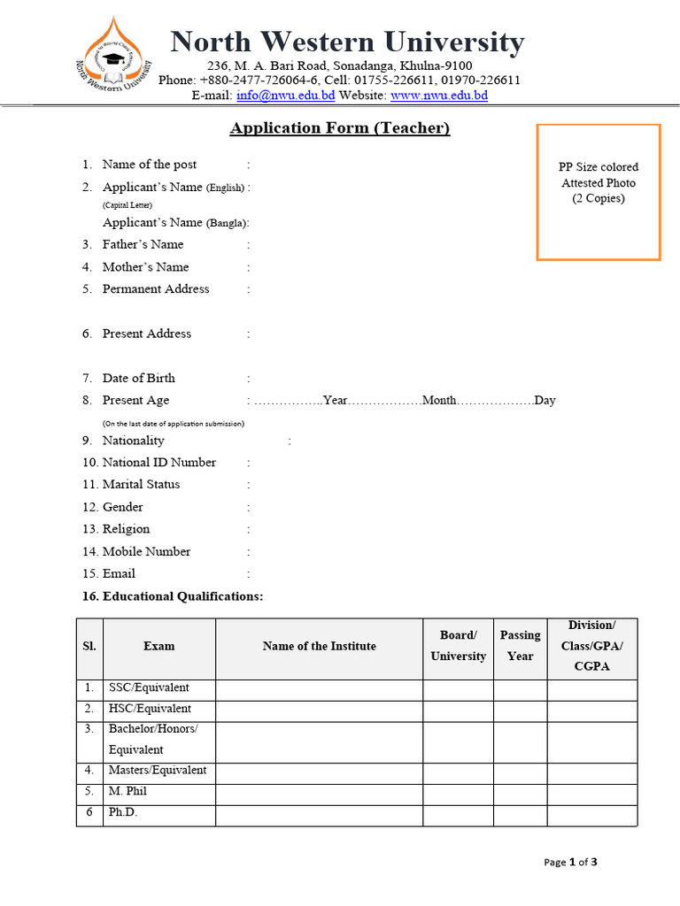 Application Form For Teacher Pdf
