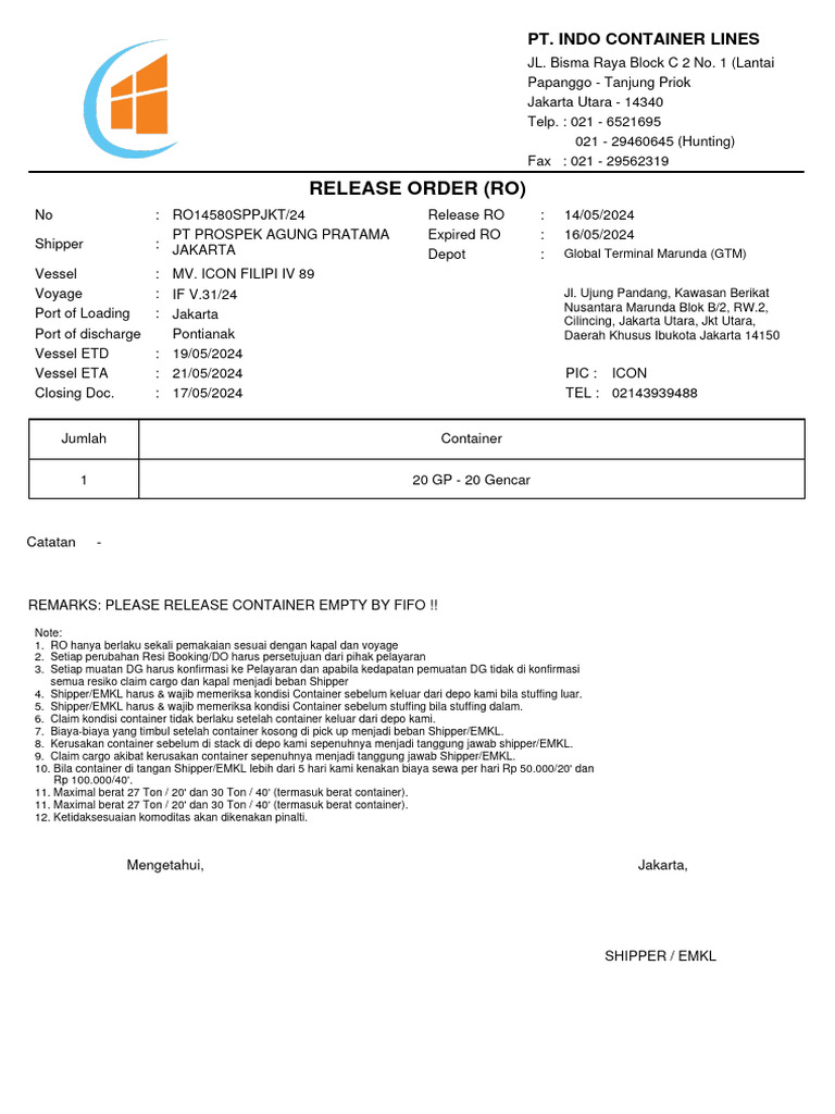 Contoh Dokumen Release Order Container | PDF