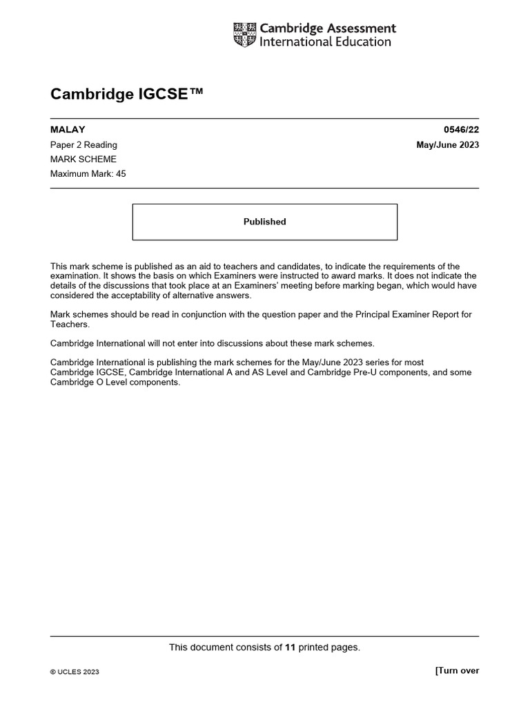 Cambridge IGCSE Malay Mark Scheme 2023 | PDF | Question | Linguistics