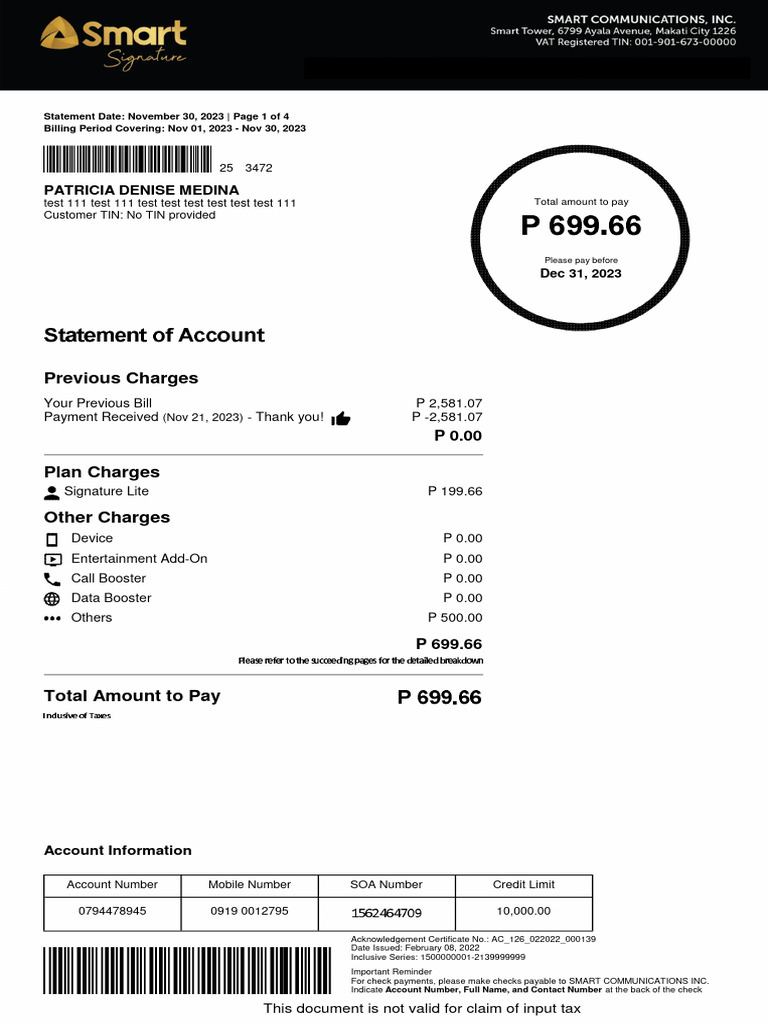 November 2023 Billing Statement Summary | PDF | Value Added Tax | Receipt