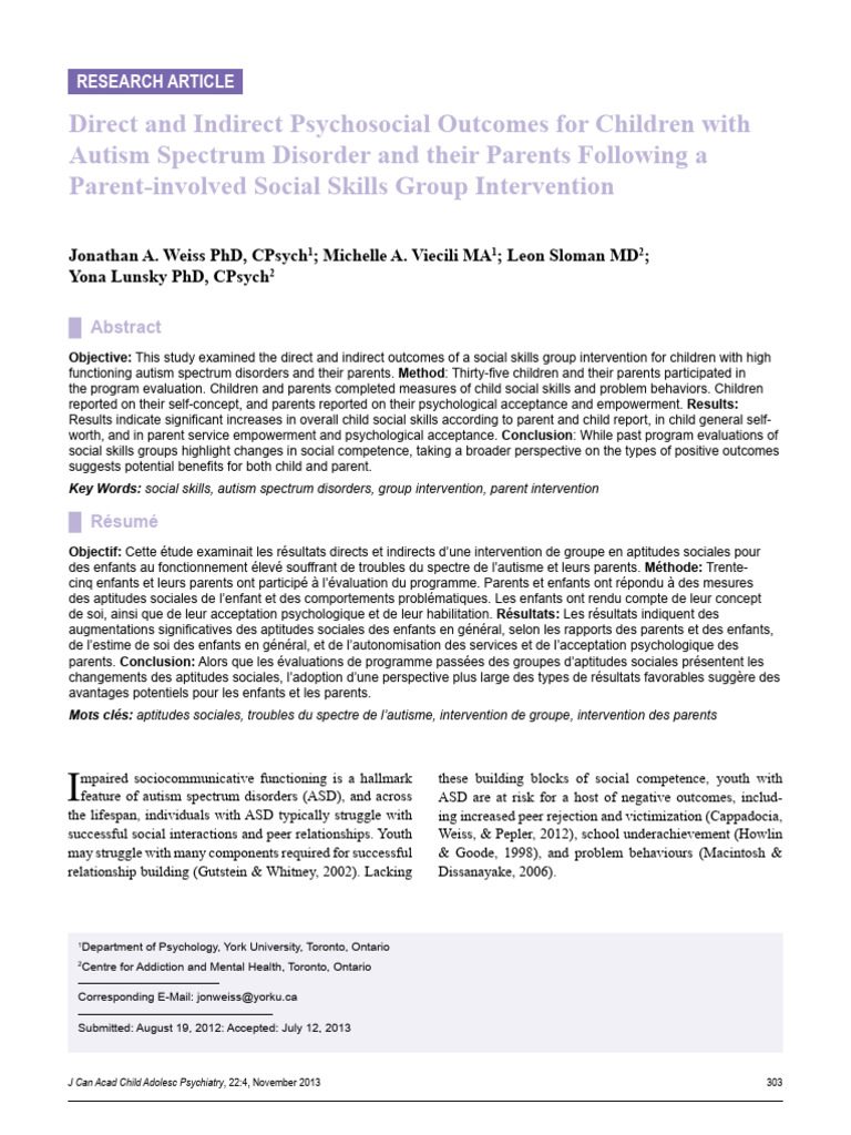 Autism Social Skills Intervention Outcomes | PDF | Autism Spectrum | Parent