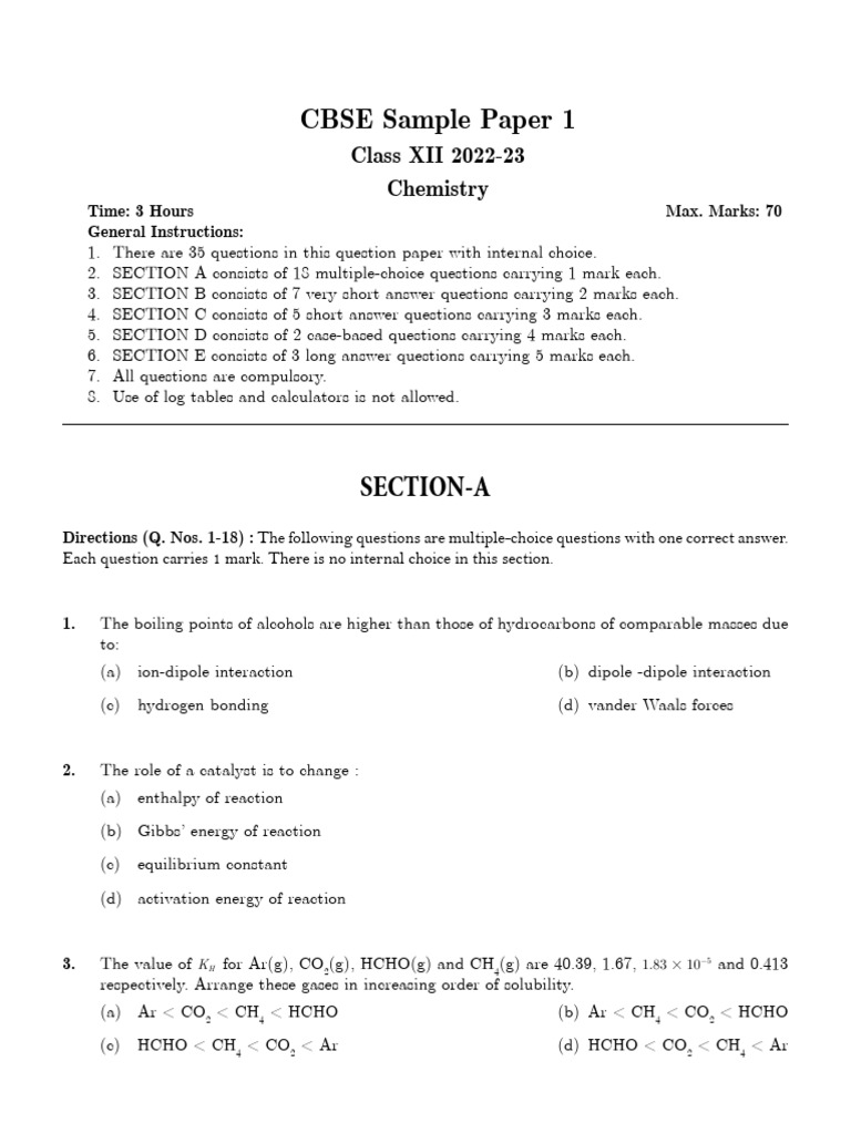 CBSE Class 12 Chemistry Sample Paper | PDF | Chemical Reactions ...
