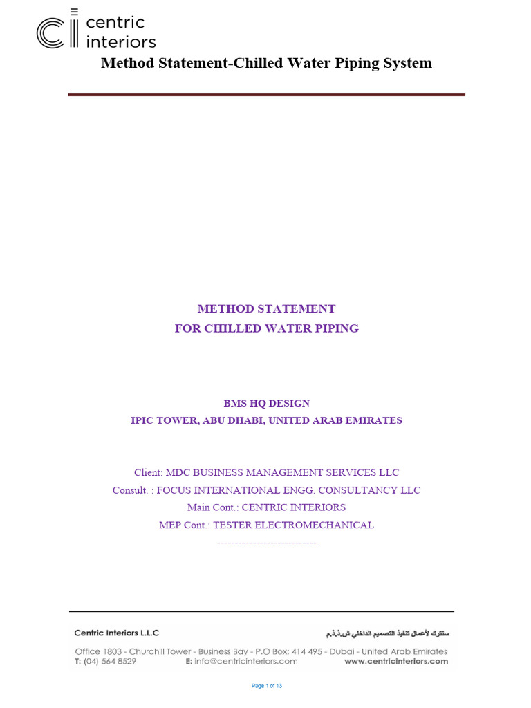 01 Chilled water piping system Method Statement PDF Pipe (Fluid
