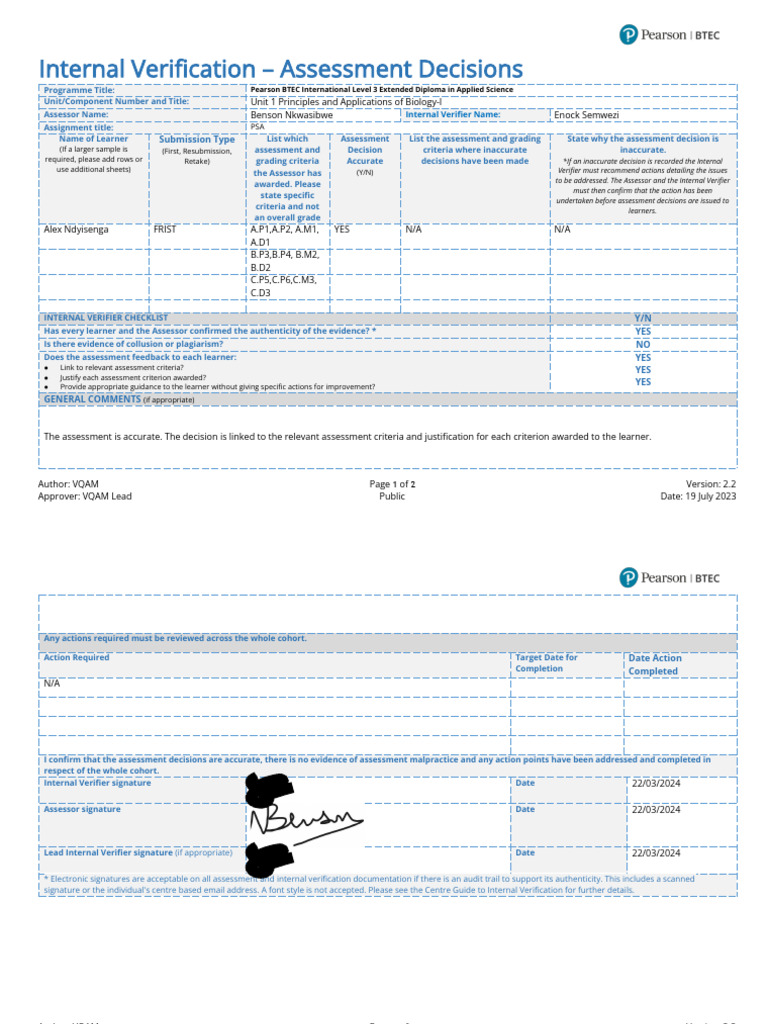 Alex Biology Internal Verification | PDF | Signature