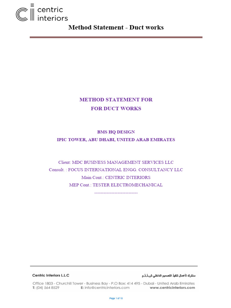 Duct Works Method Statement Guide | PDF | Duct (Flow) | Occupational ...