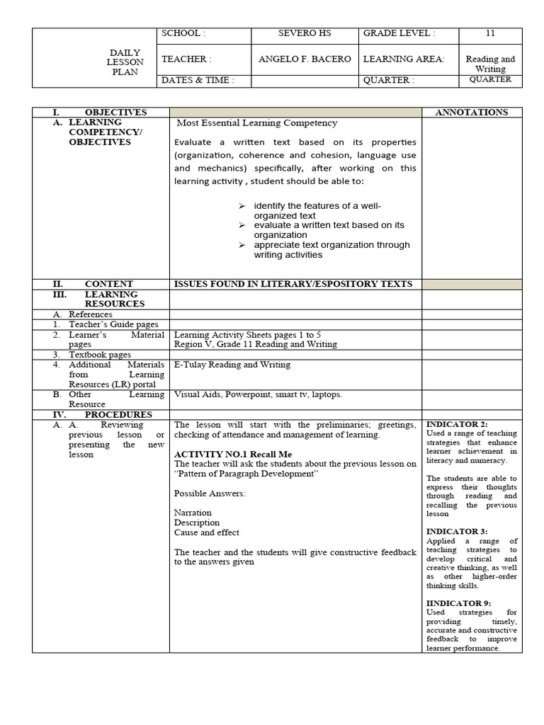 Grade 11 Reading & Writing Lesson Plan | PDF | Literacy | Cognition