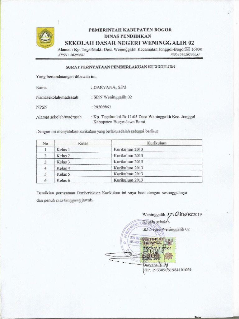 Surat Pernyataan Pemberlakuan Kurikulum Pdf Pdf