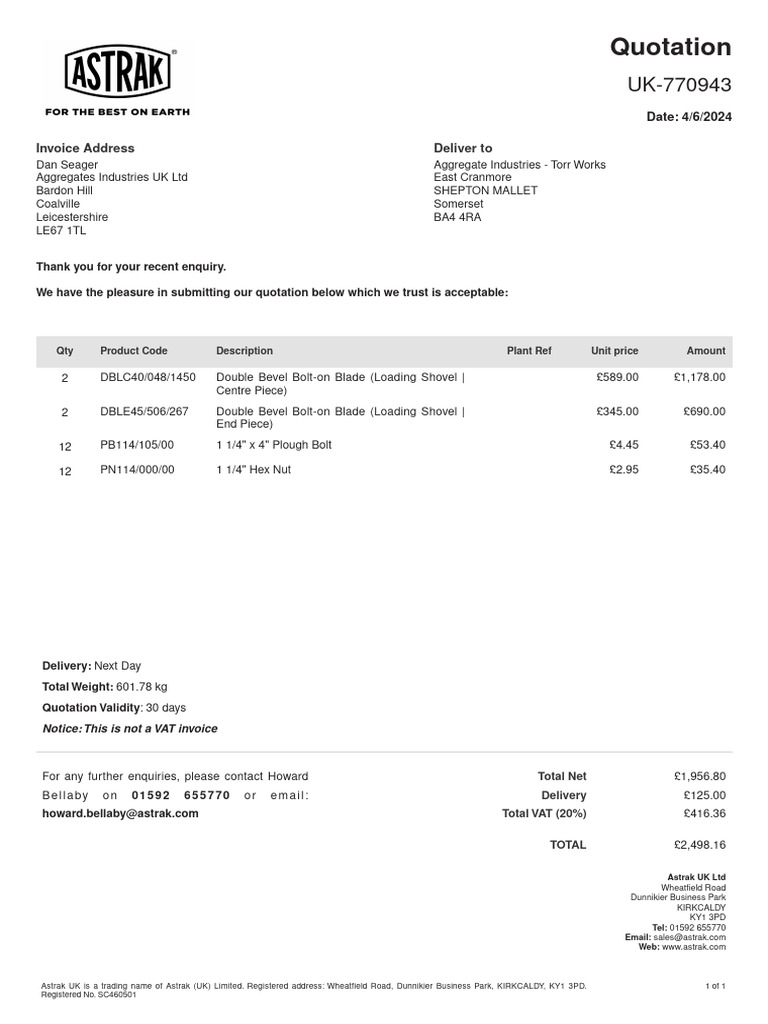 Quotation for Machinery Parts Delivery | PDF