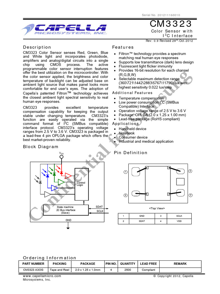 CM3323 Color Sensor Datasheet | PDF | Input/Output | Color