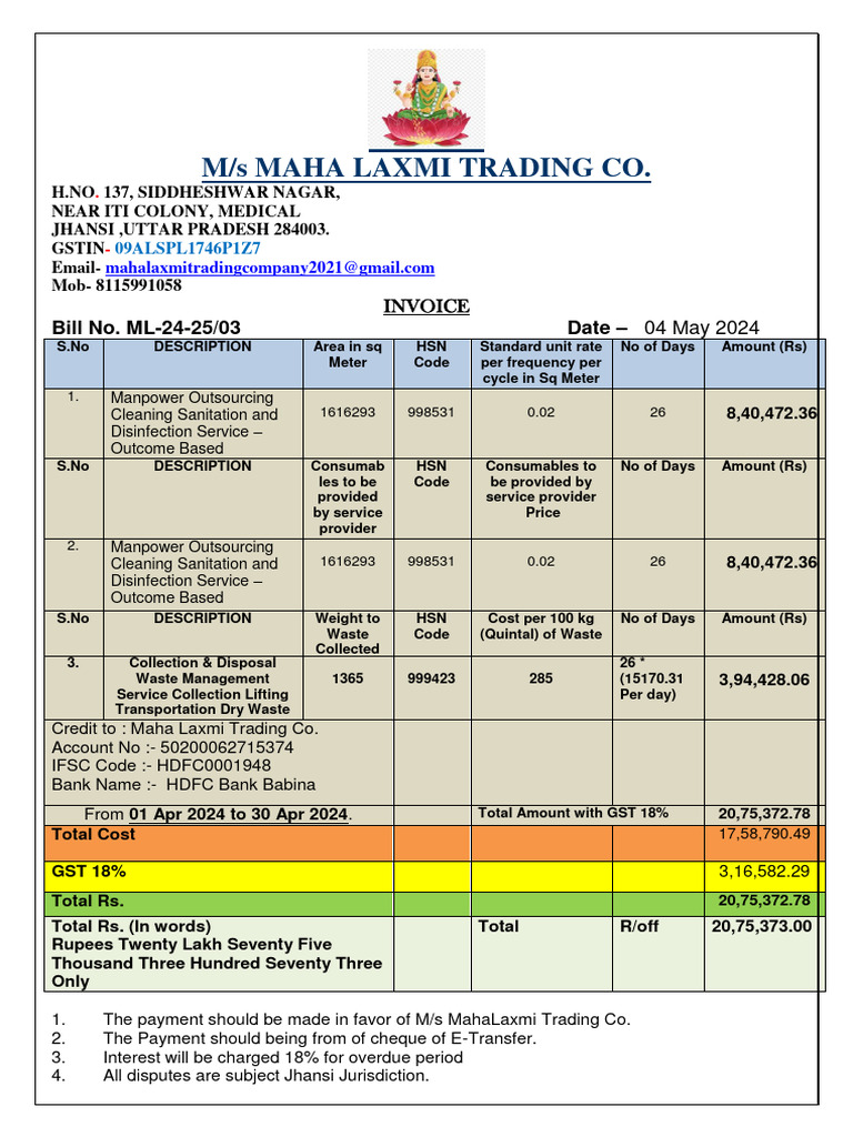 Invoice for Cleaning Services HSN 998531 | PDF | Cheque | Invoice