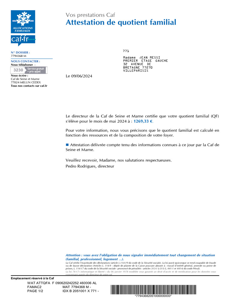 Attestation de Quotient Familial CAF | PDF | Vie privée et informatique