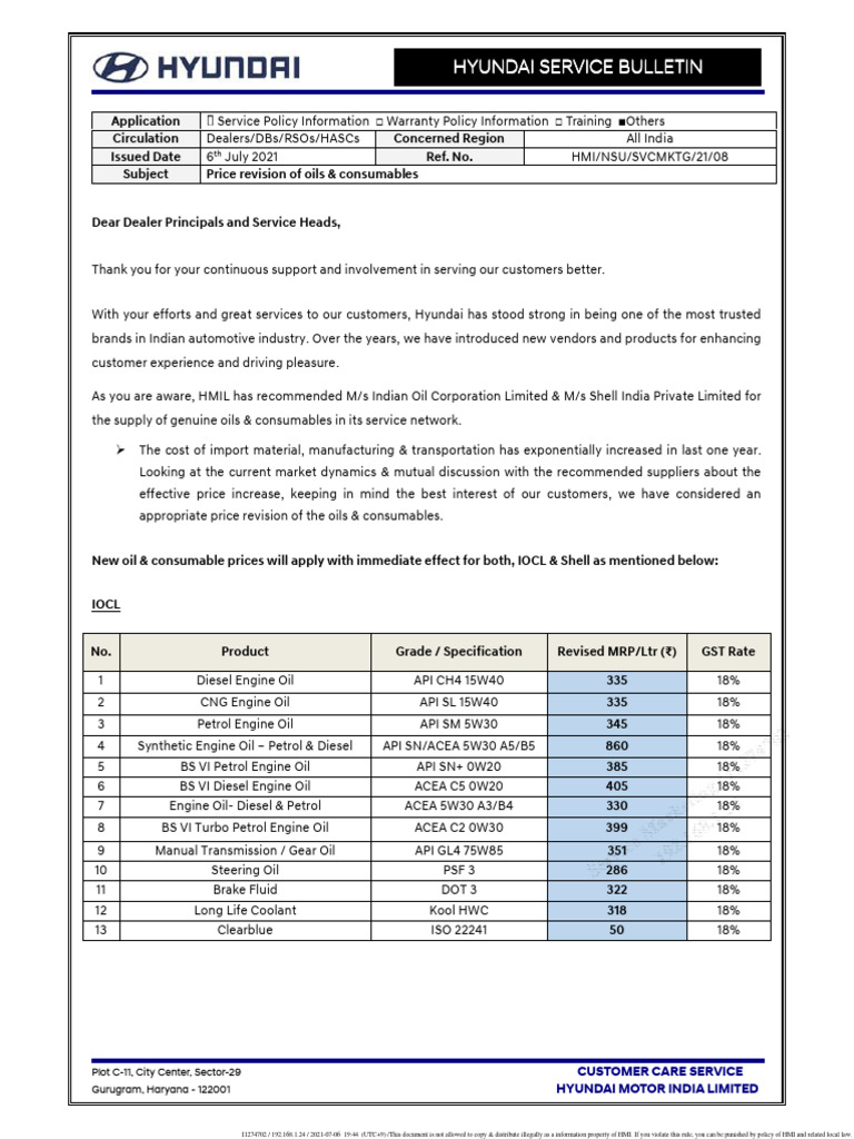 Hyundai Oil Price Revision Notice | PDF | Motor Oil | Gasoline