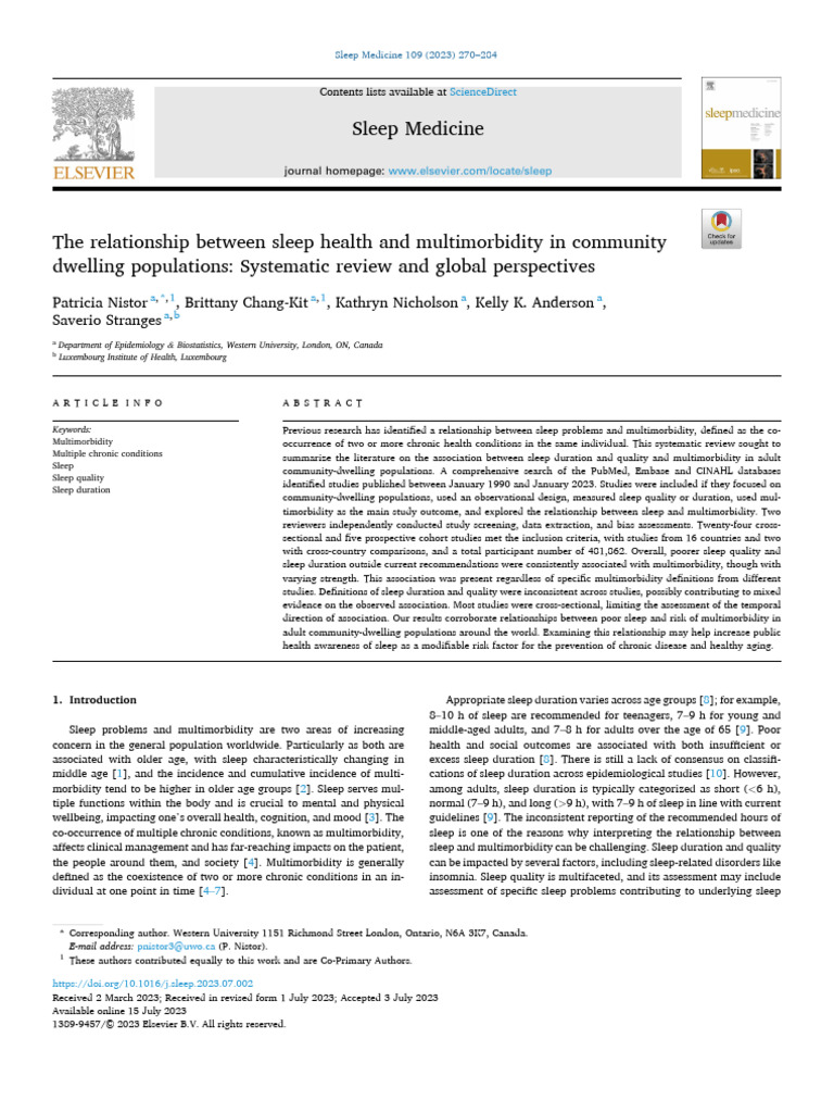 The Relationship Between Sleep Health and Multimorbidity in Comm 2023 ...
