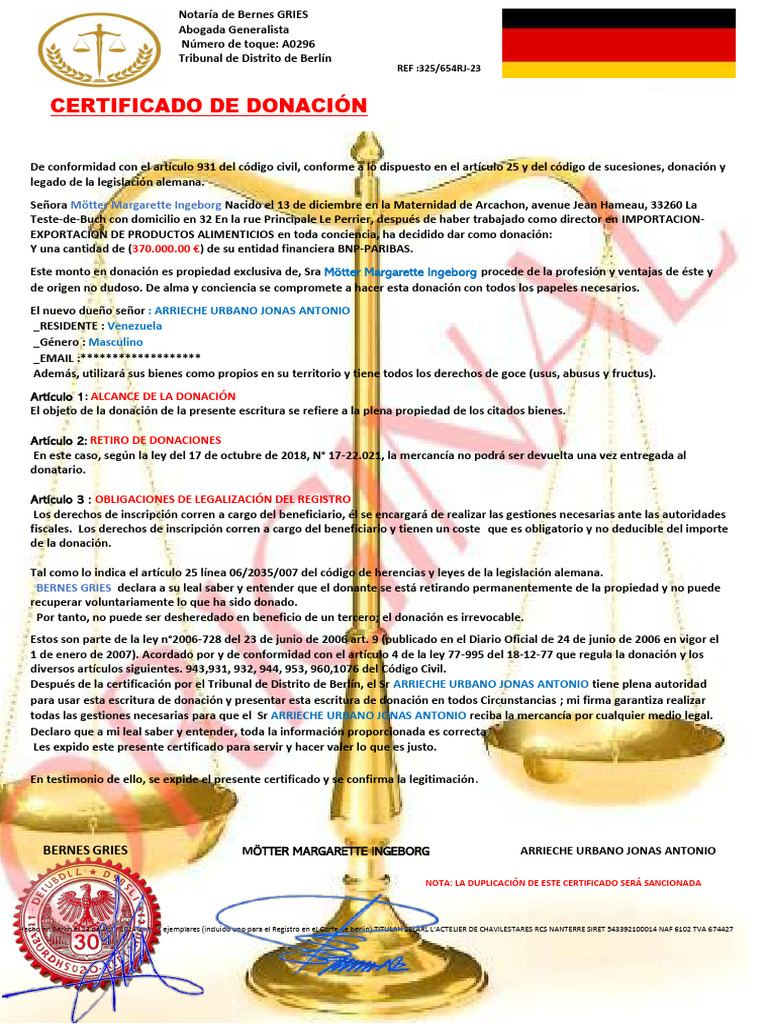 Donación Irrevocable de 370,000€ | PDF | Donación | Justicia
