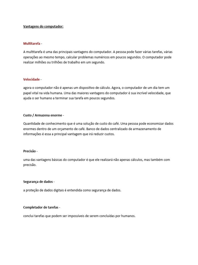 Vantagens e desvantagens do pc pdf armazenamento de dados de