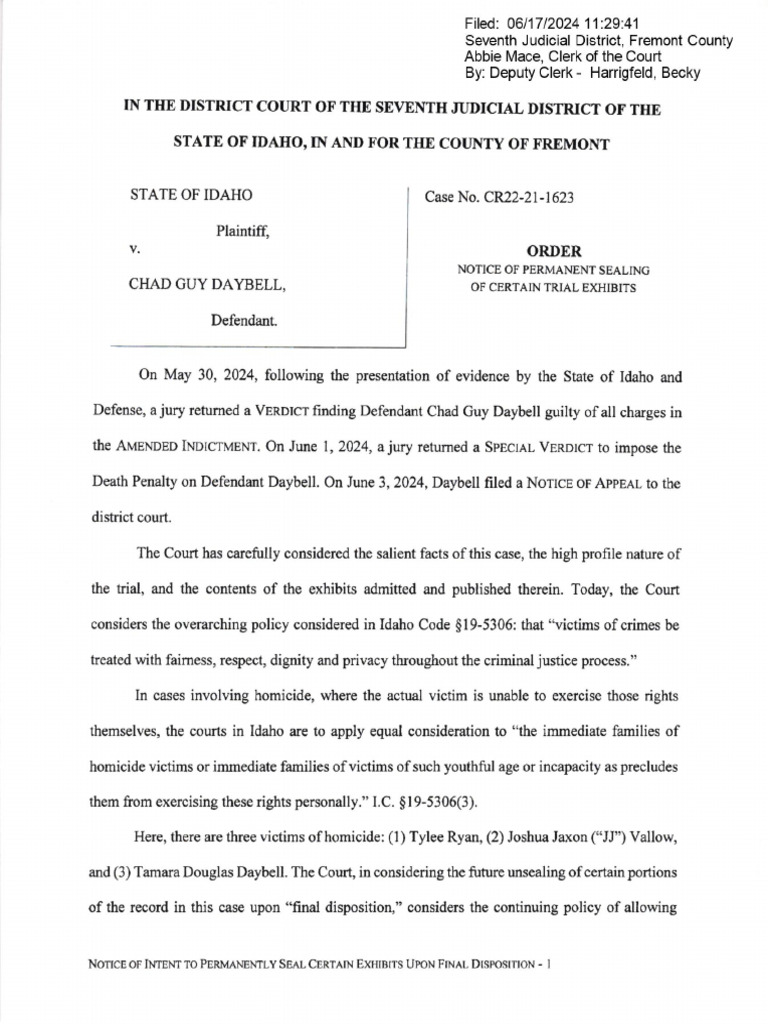 Sealing Order for Idaho Murder Case Exhibits | PDF | First Amendment To ...